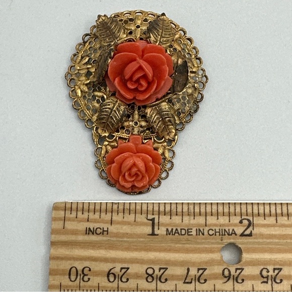 Antique Scarf Clip/brooch Celluloid Coral and Brass #414 - Picture 2 of 7